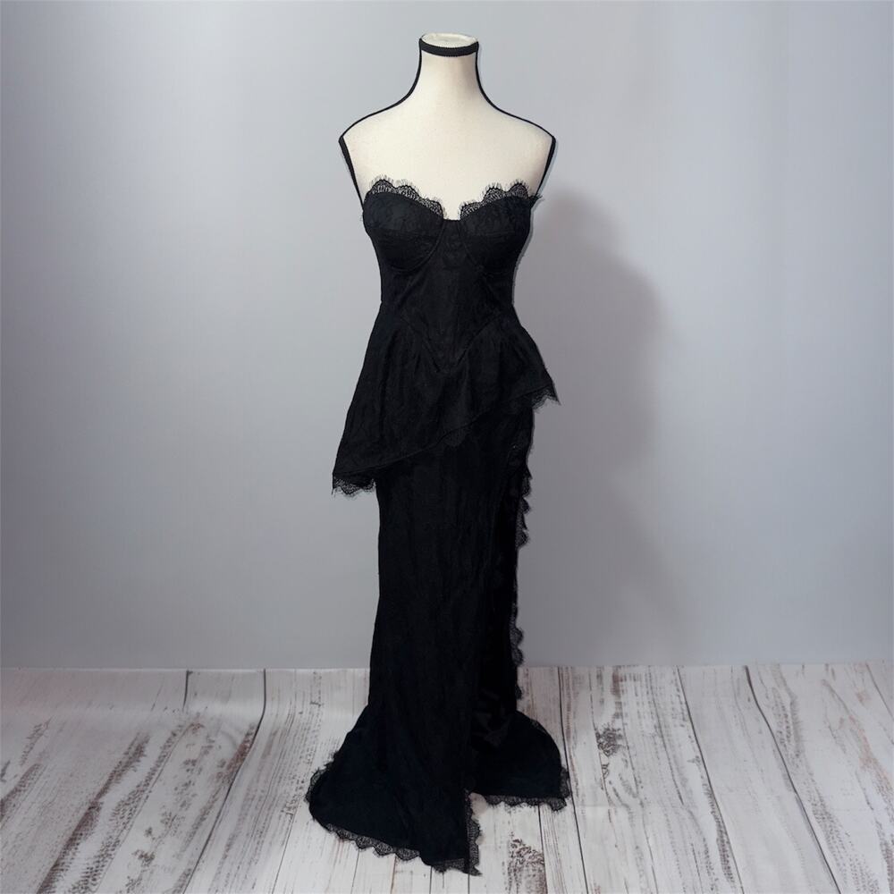 Fashion Nova Katrina Lace Gown Black Strapless Peplum Dress Size S NWT